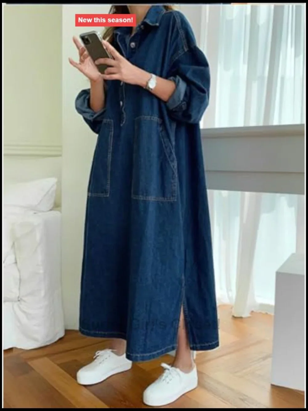 Women's Casual Maxi Denim Dress Long Sleeve Button Down Jean
